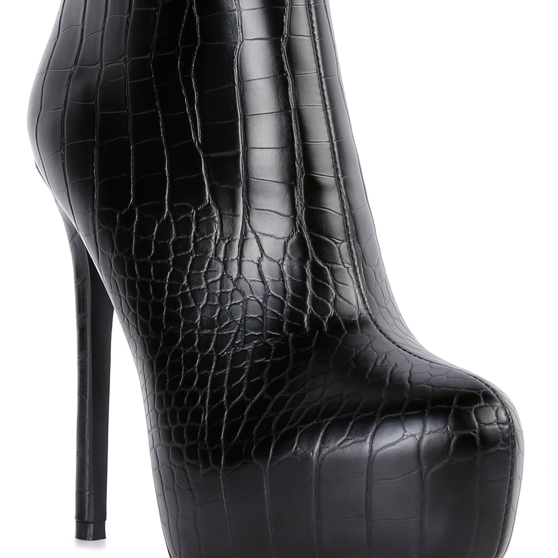Black High Heeled Croc Pattern Ankle Boot