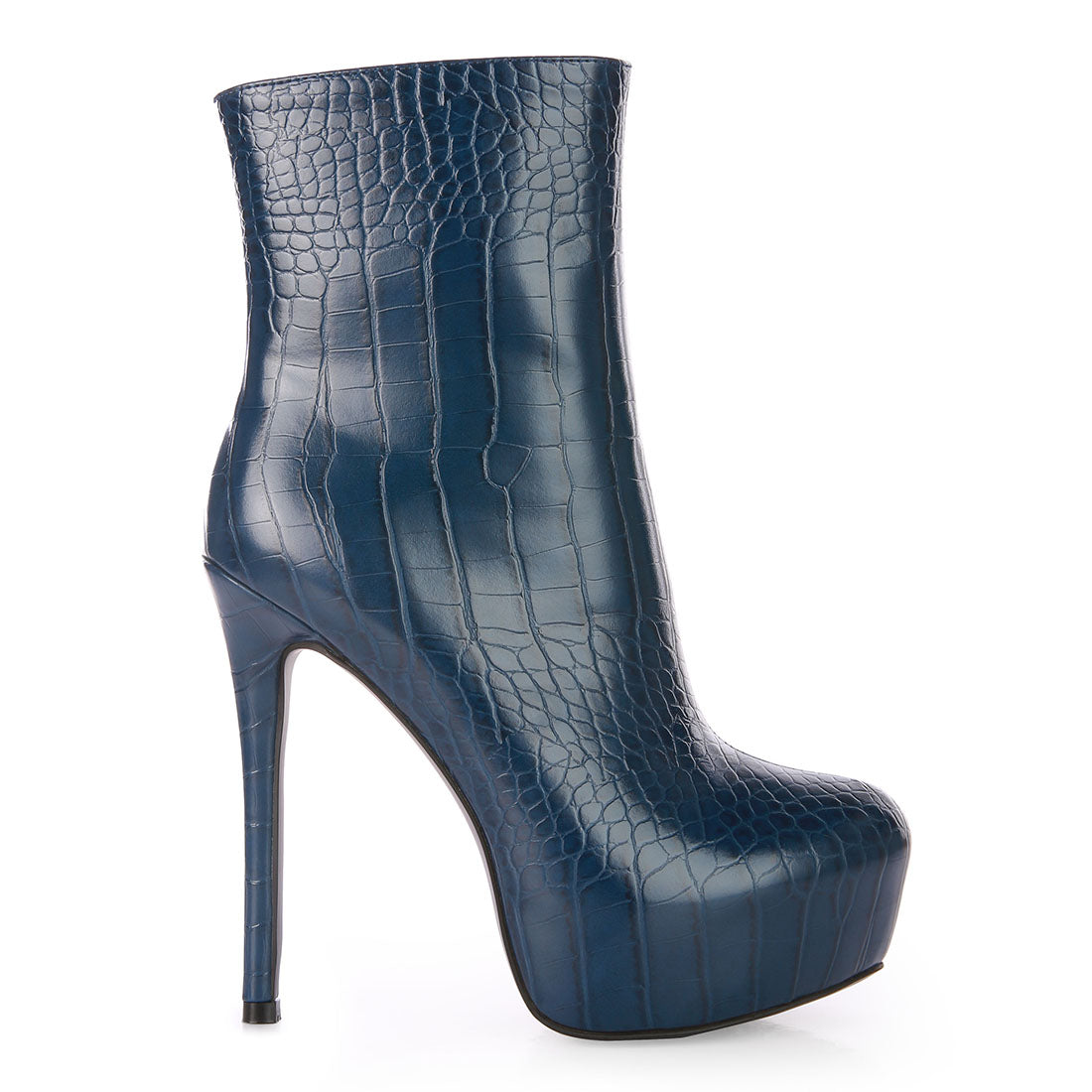 Navy Blue High Heeled Croc Pattern Ankle Boot