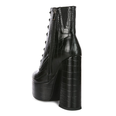 Black Croc Platform Heeled Boots