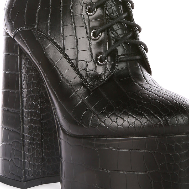 Black Croc Platform Heeled Boots