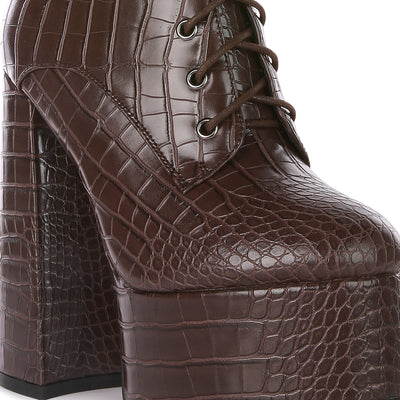 Brown Croc Platform Heeled Boots