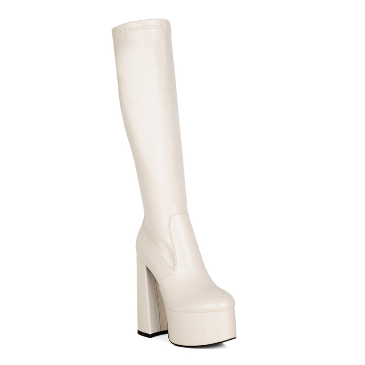 Beige High Block Heeled Calf Boots