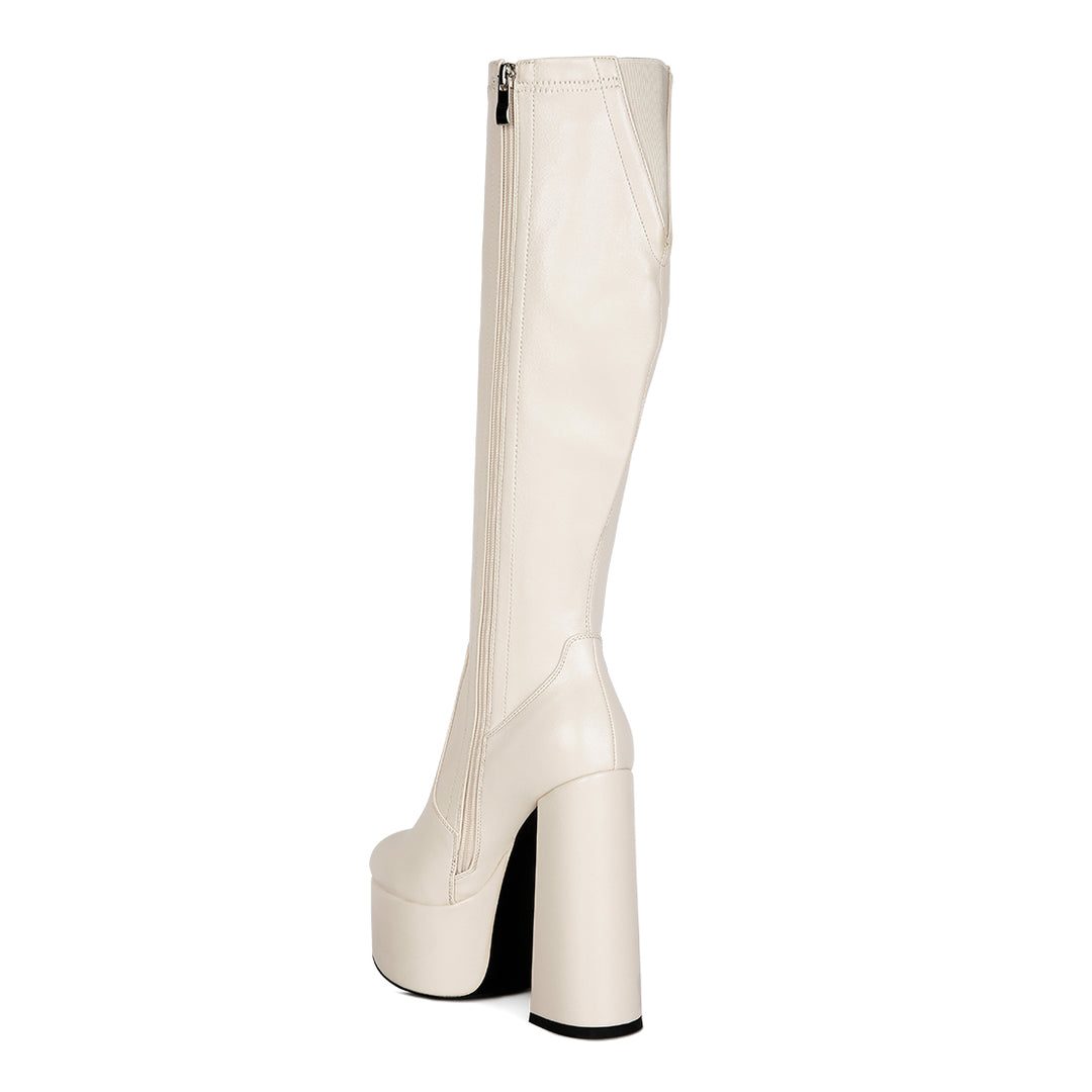 Beige High Block Heeled Calf Boots