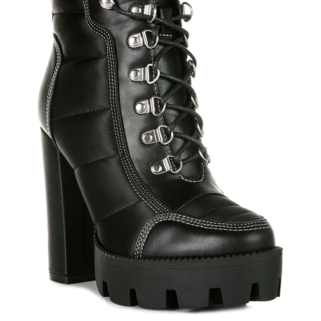 high heel quilted satin biker boots#color_black