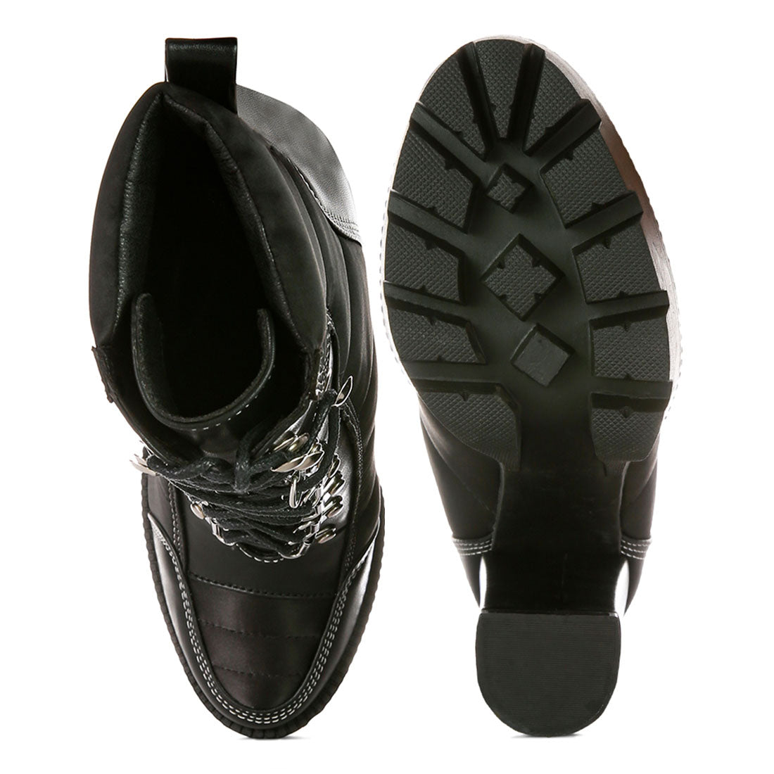 high heel quilted satin biker boots#color_black
