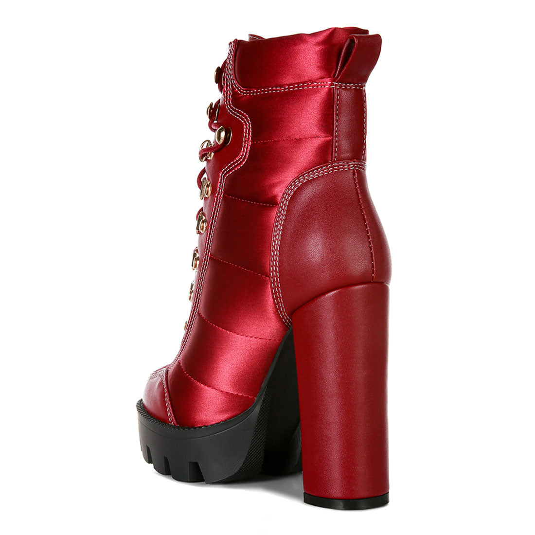 high heel quilted satin biker boots#color_burgundy