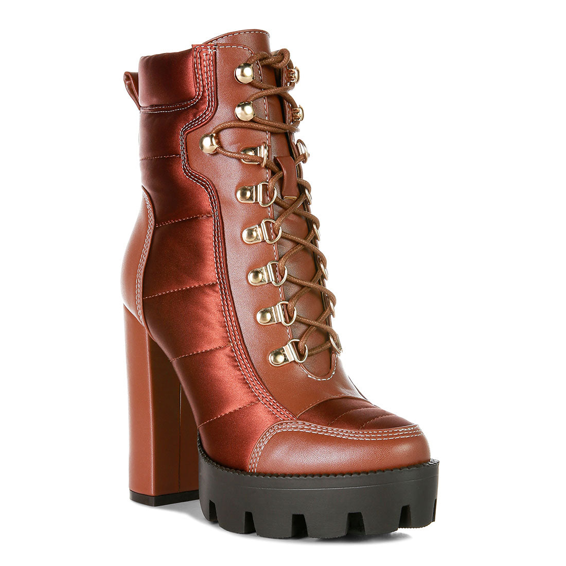 high heel quilted satin biker boots#color_tan