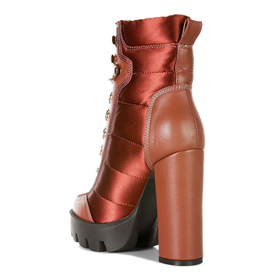 high heel quilted satin biker boots#color_tan