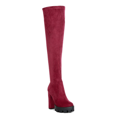 high block heeled long boots#color_burgundy