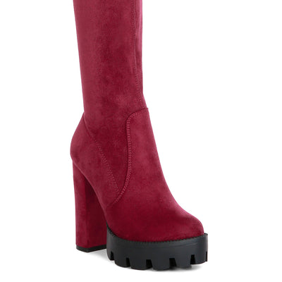high block heeled long boots#color_burgundy