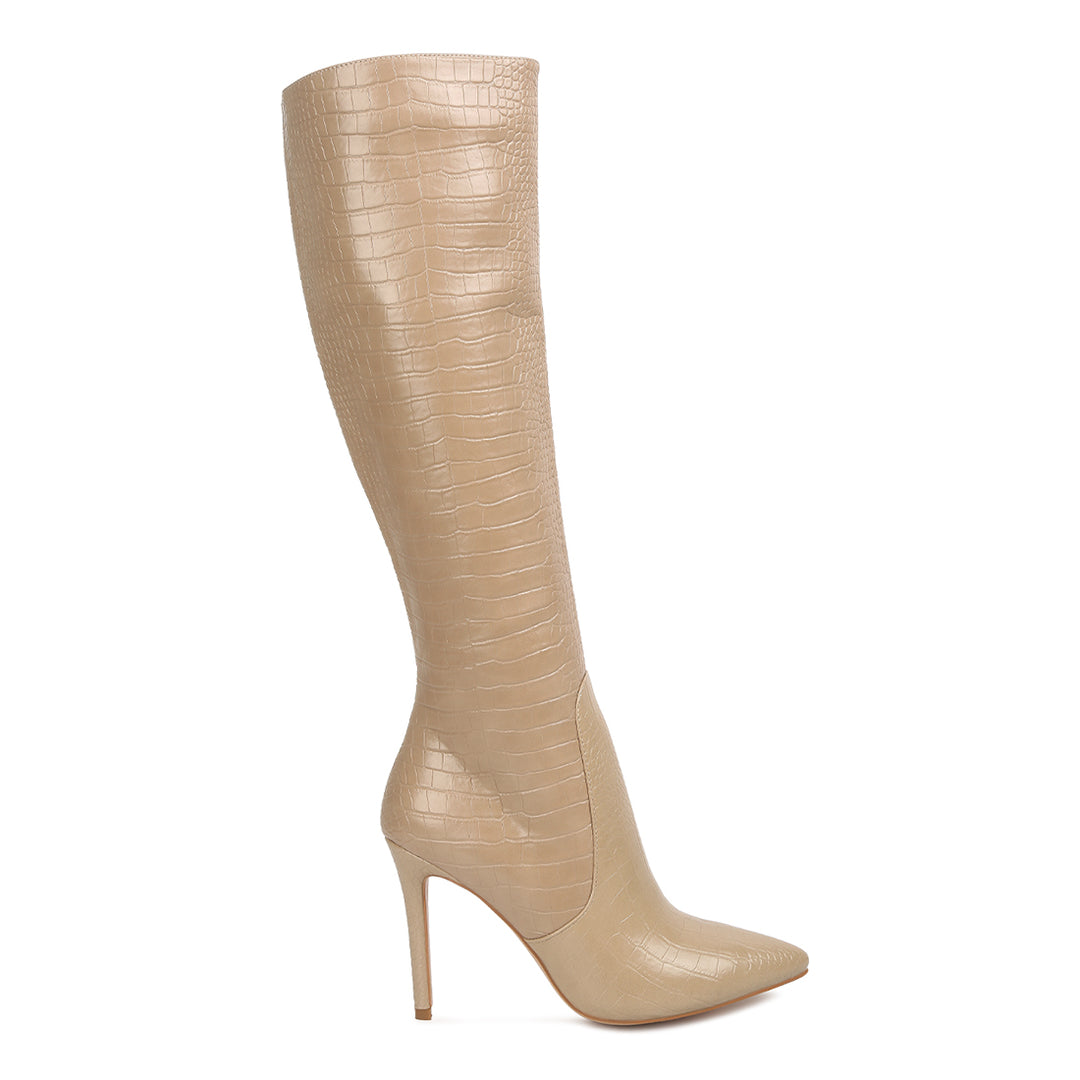 high heeled croc calf boots#color_beige