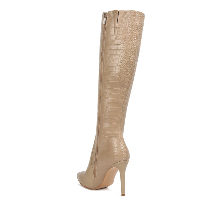 high heeled croc calf boots#color_beige