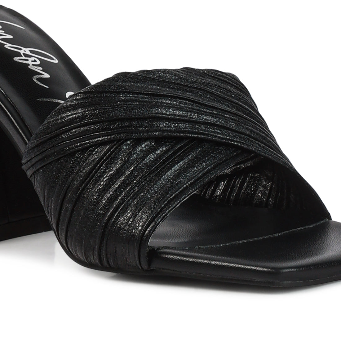 Black Crinkled High Heeled Block Sandals