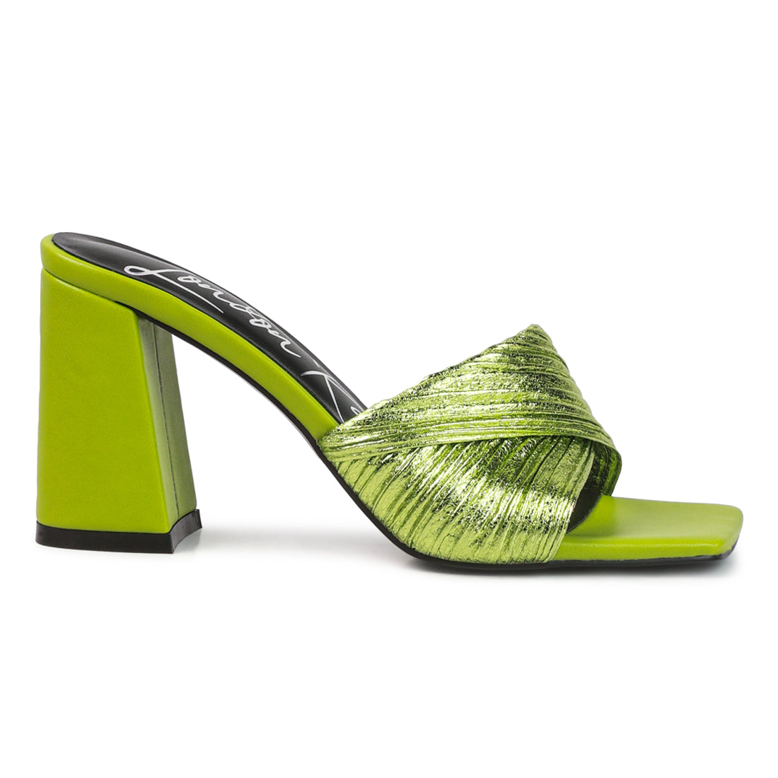 Green Crinkled High Heeled Block Sandals
