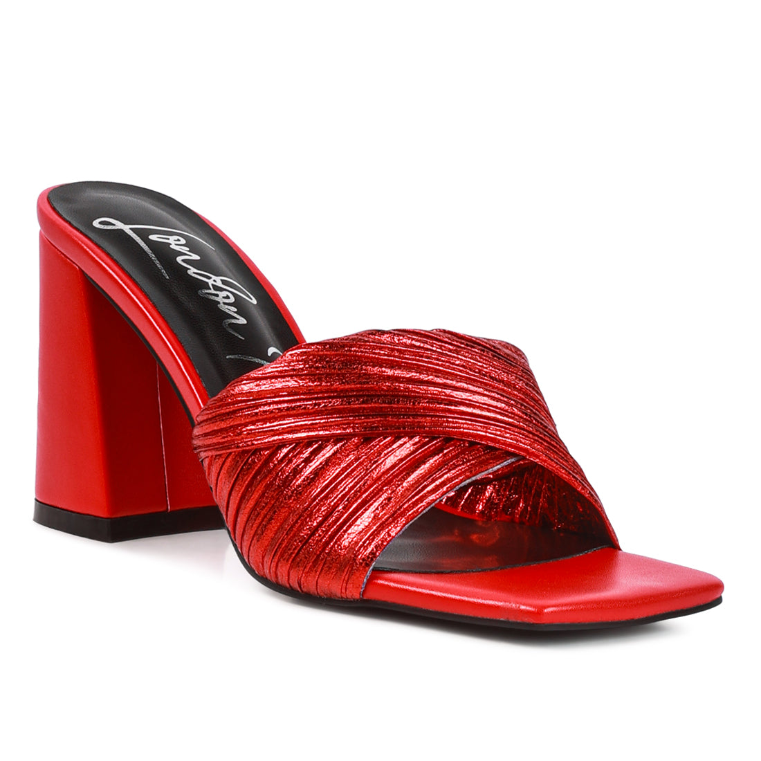 Red Crinkled High Heeled Block Sandals