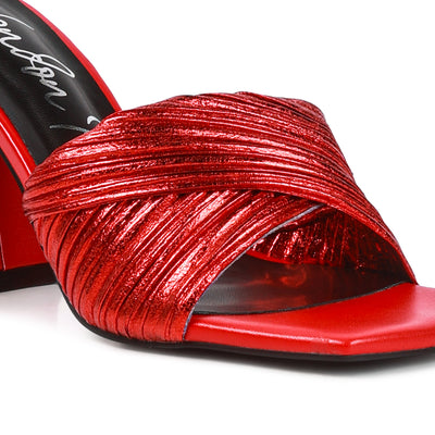 Red Crinkled High Heeled Block Sandals