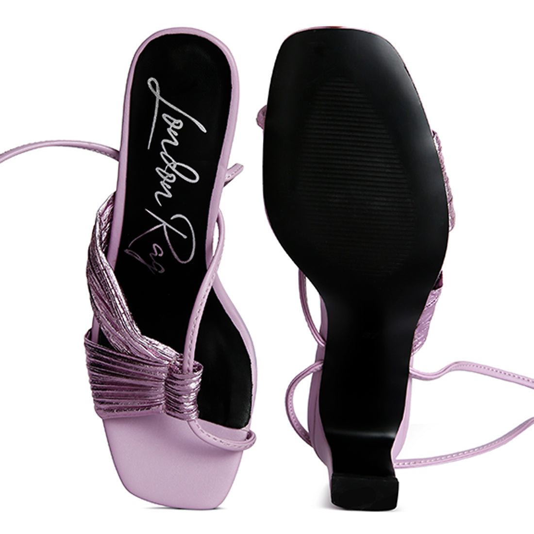 Purple Metallic Tie Up Block Heel Sandals
