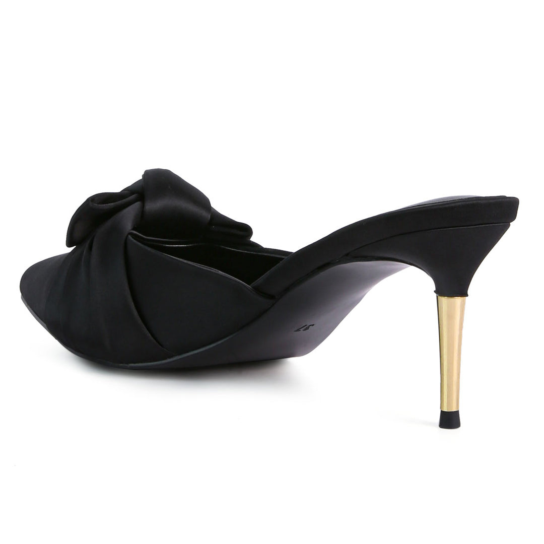 Black Satin High Heeled Mule Sandals