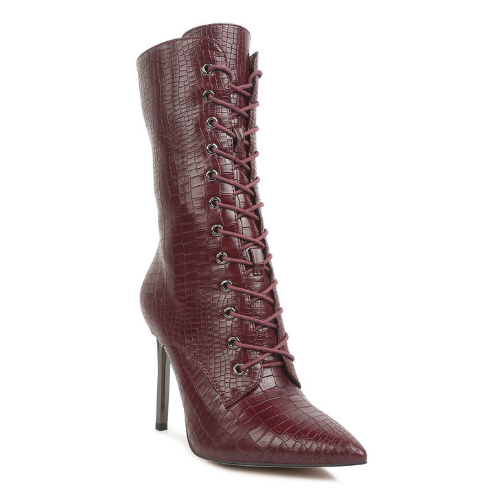 croc textured over the ankle boots#color_burgundy