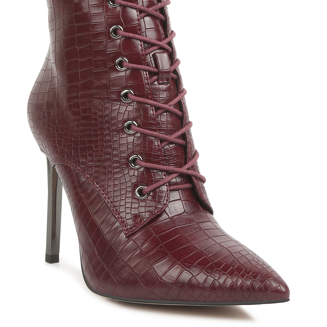 croc textured over the ankle boots#color_burgundy