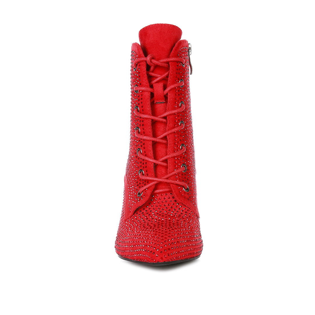 head on faux suede diamante ankle boots#color_red