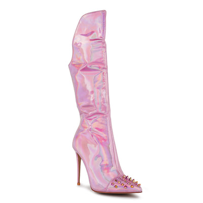 forbidden gold stud stiletto calf boots#color_pink