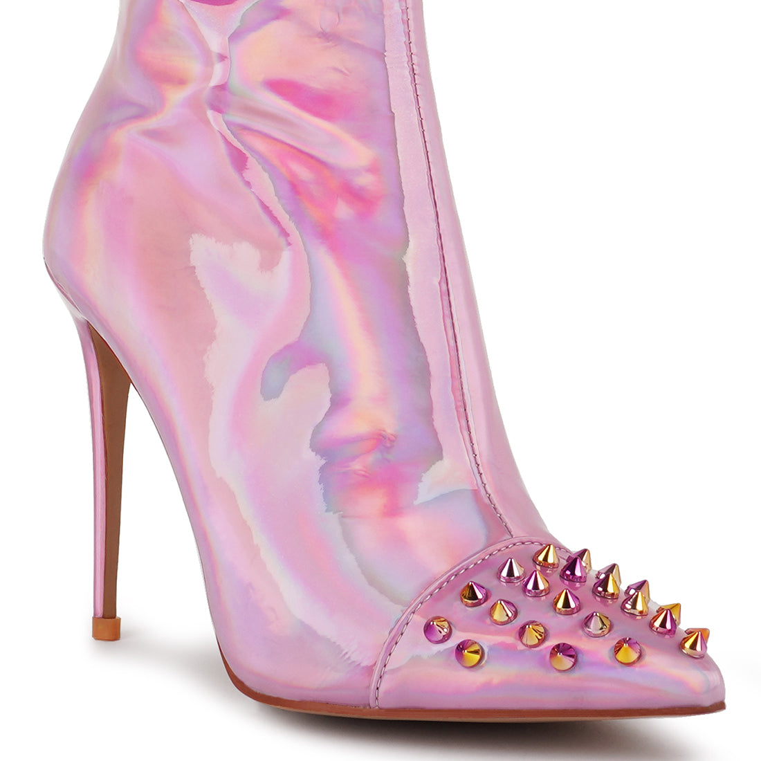 forbidden gold stud stiletto calf boots#color_pink