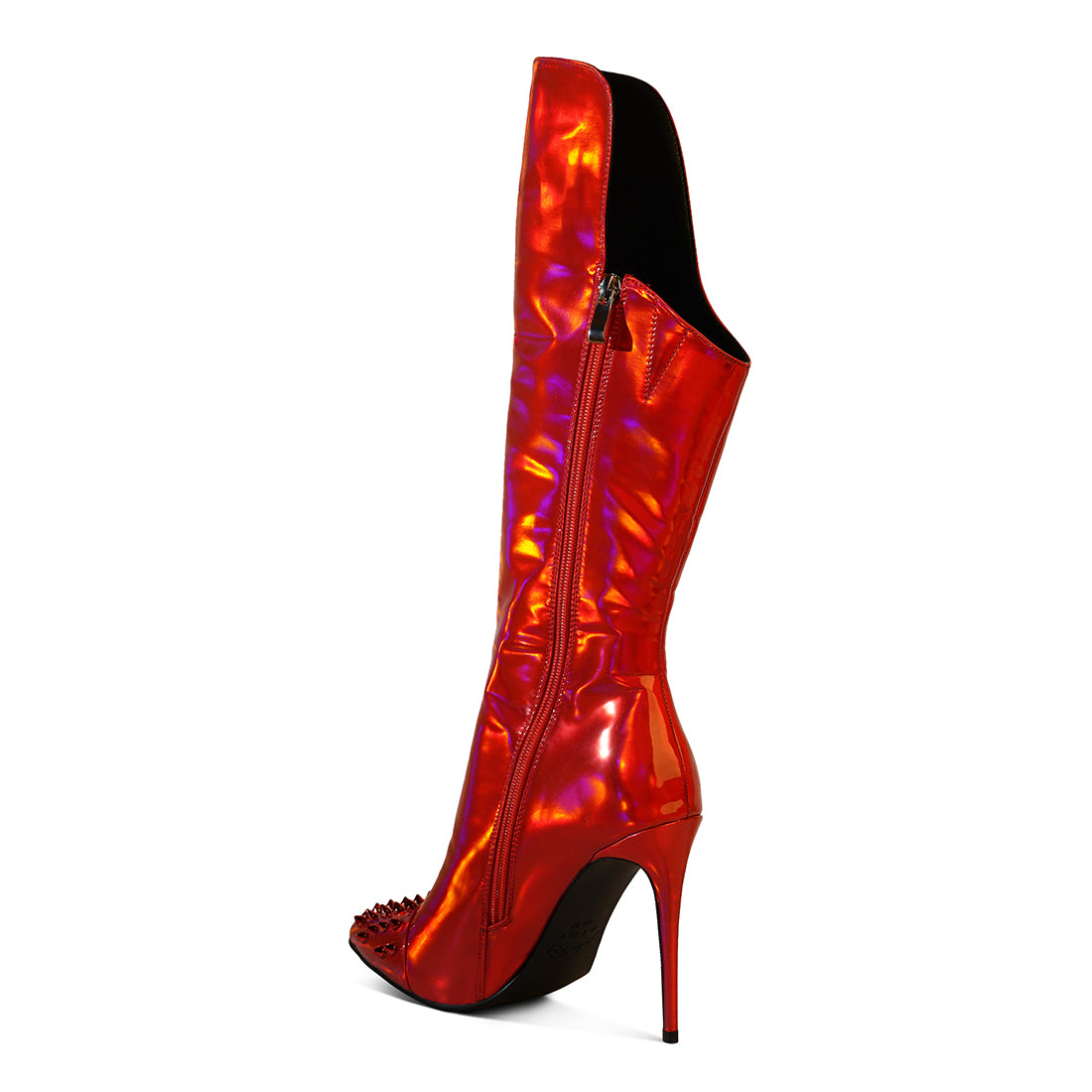 forbidden gold stud stiletto calf boots#color_red