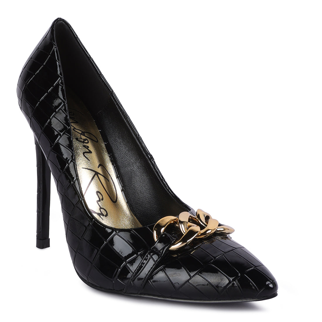 croc metal chain pump heels#color_black