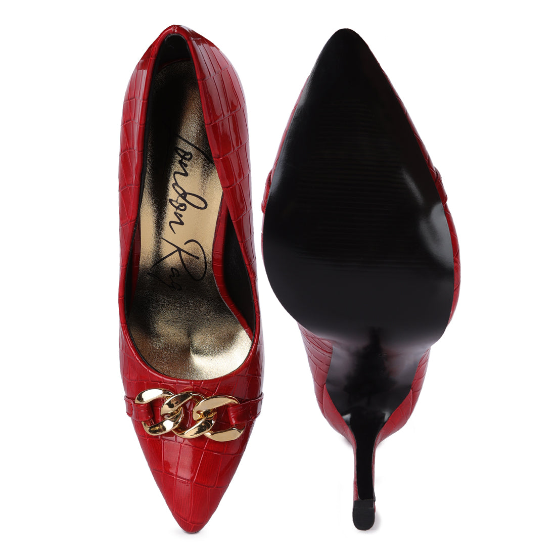 croc metal chain pump heels#color_red