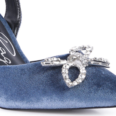 velvet diamante detail heeled slingback mules#color_blue
