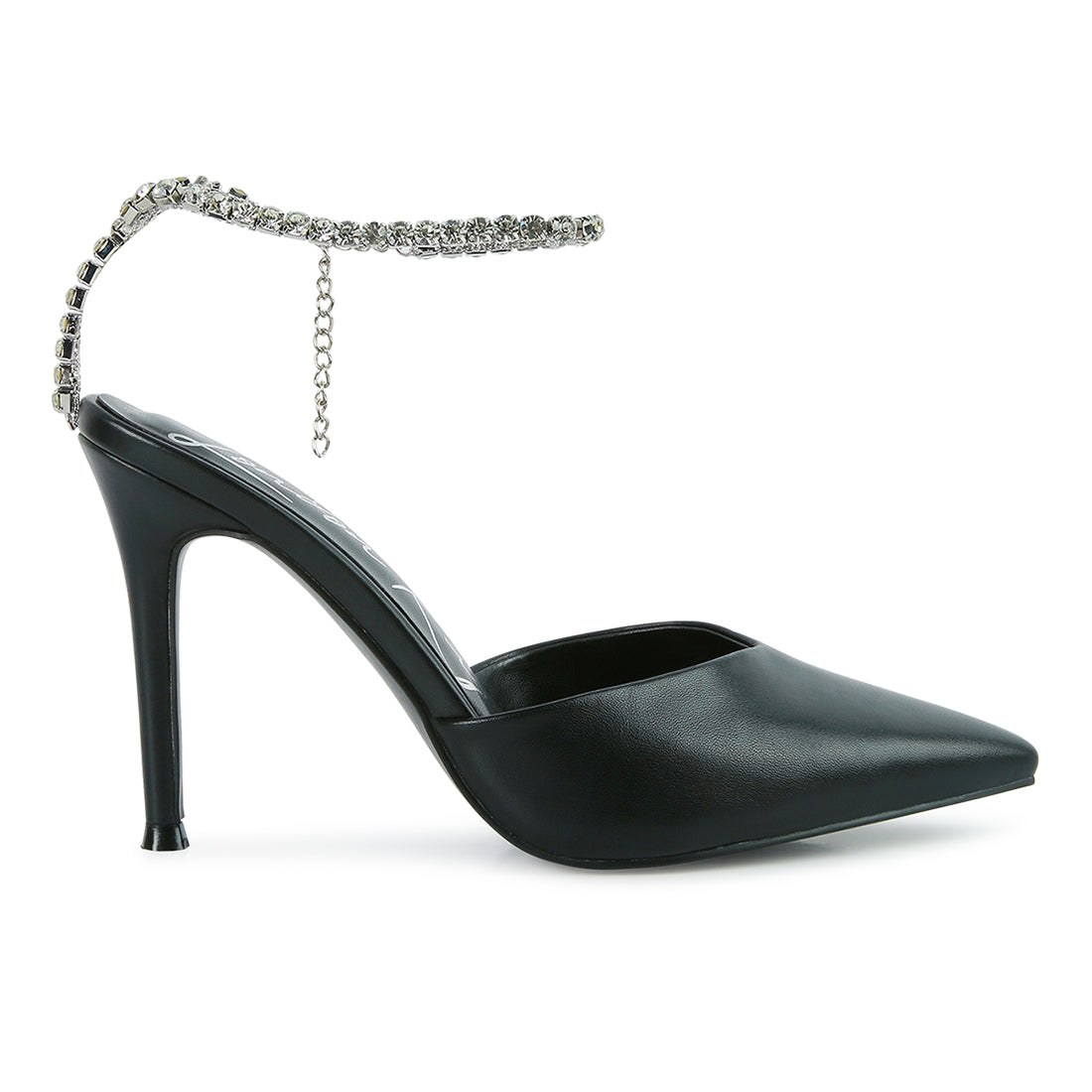 high heeled rhinestone mule sandals#color_black