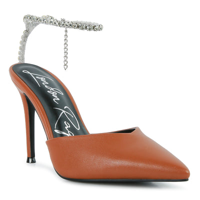 high heeled rhinestone mule sandals#color_tan