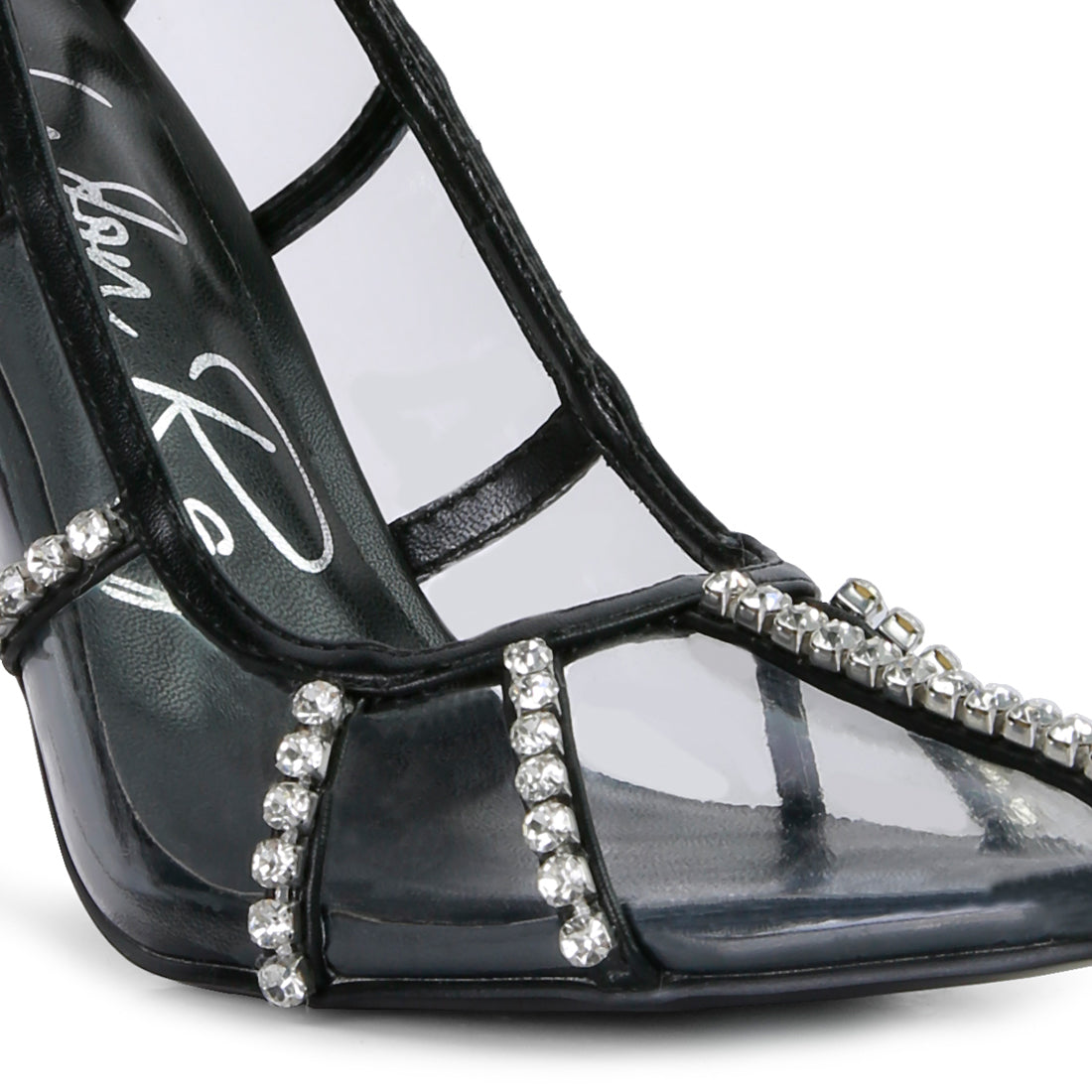 diamante clear high heel cage pumps#color_black