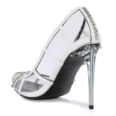 diamante clear high heel cage pumps#color_white