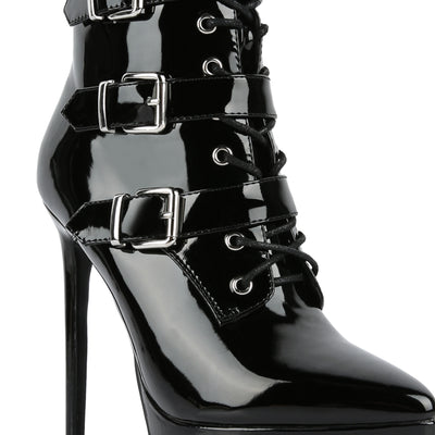 buckle strap detailed high heel ankle boots#color_black