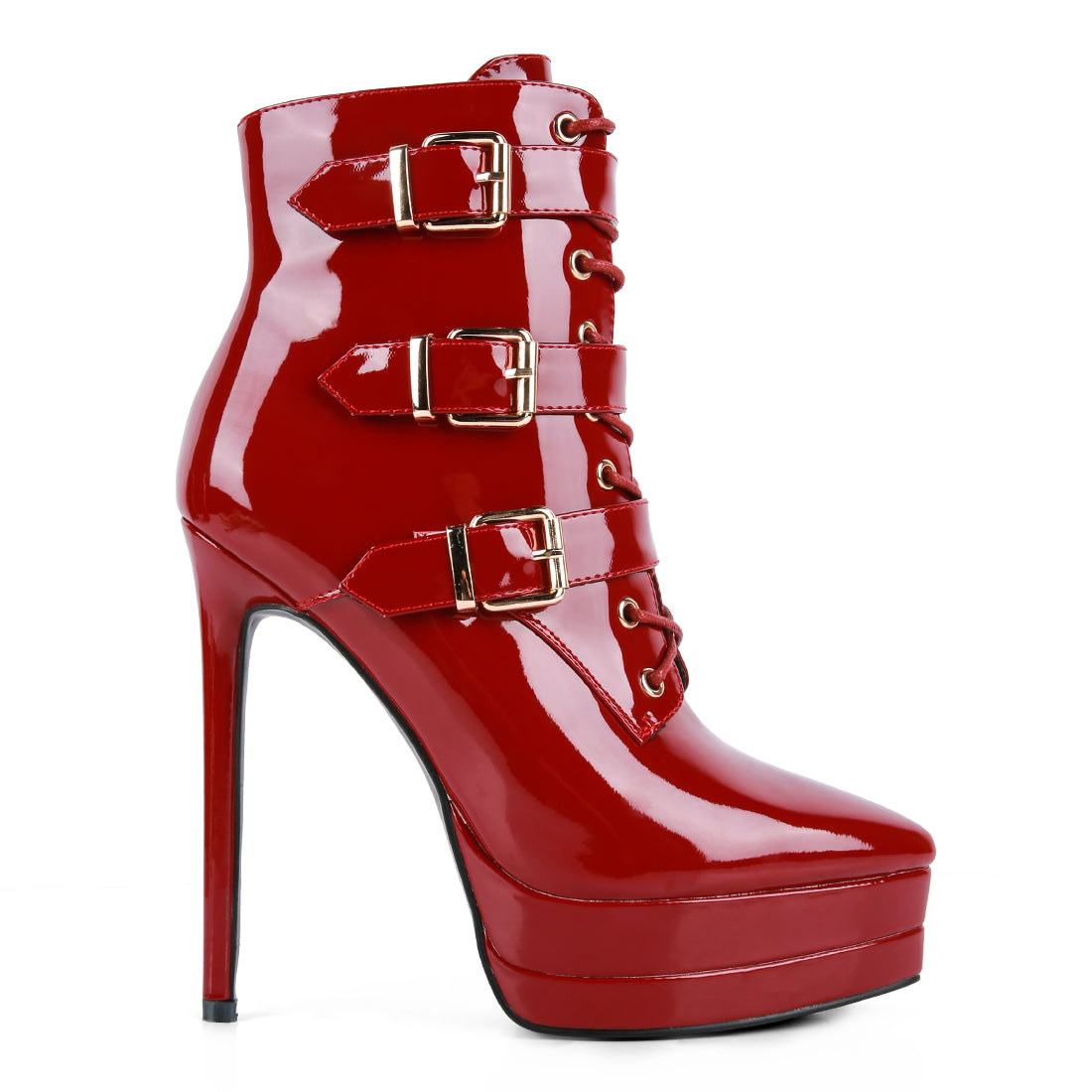 buckle strap detailed high heel ankle boots#color_burgundy