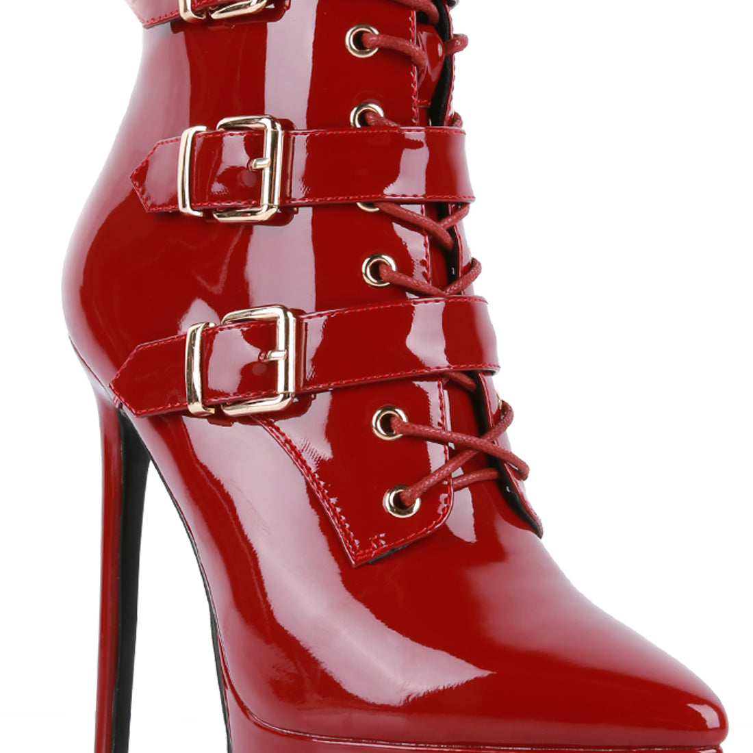 buckle strap detailed high heel ankle boots#color_burgundy