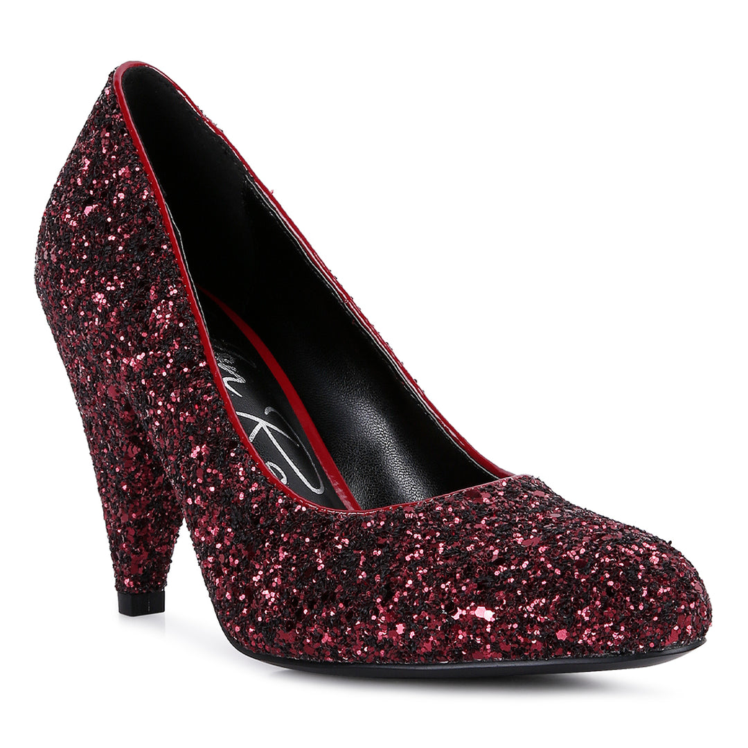 women glitter conical heel pumps#color_burgundy