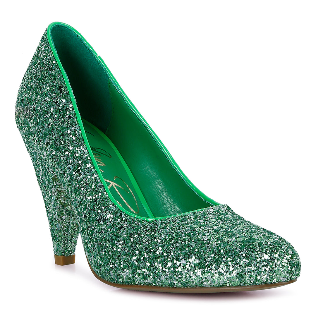 women glitter conical heel pumps#color_green