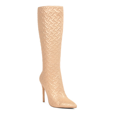 quilted high heeled calf boots#color_beige