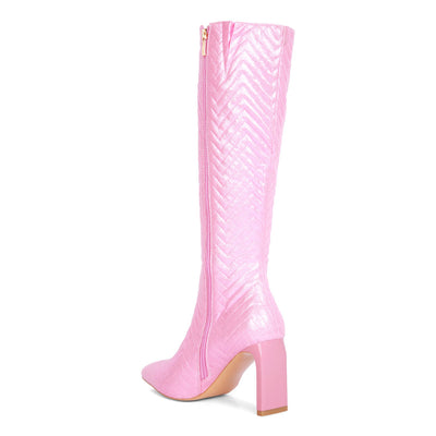 quilted italian high block heeled calf boots#color_pink