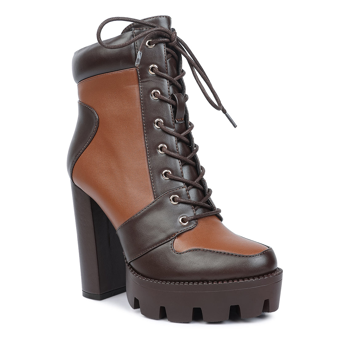 moos cow printed lace up block heel boots#color_brown