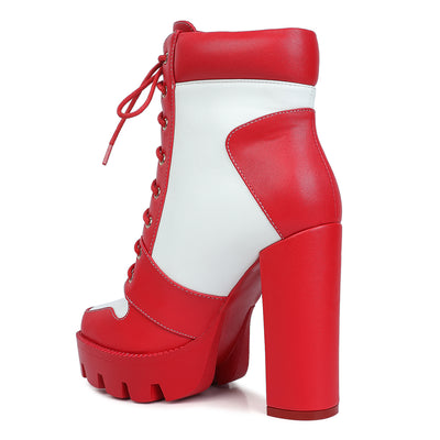 moos cow printed lace up block heel boots#color_red