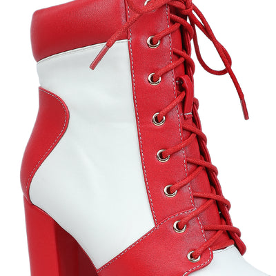 moos cow printed lace up block heel boots#color_red