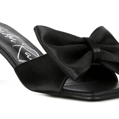 Black Satin Bow Kitten Heel Sandals