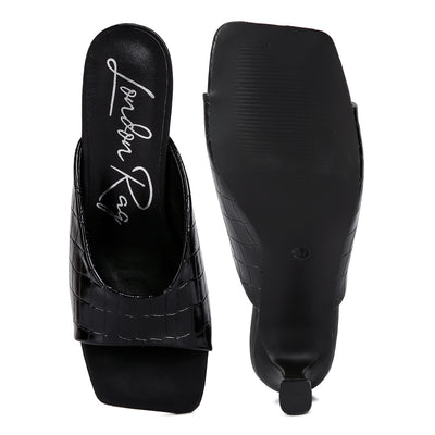 Black Croc Kitten Heel Slider Sandals