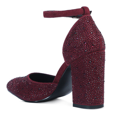 microfiber diamante block heeled sandal#color_burgundy