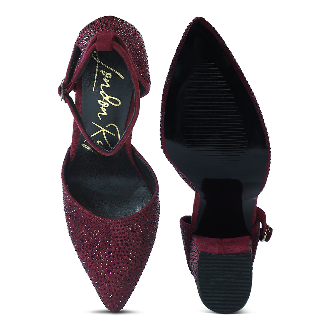 microfiber diamante block heeled sandal#color_burgundy
