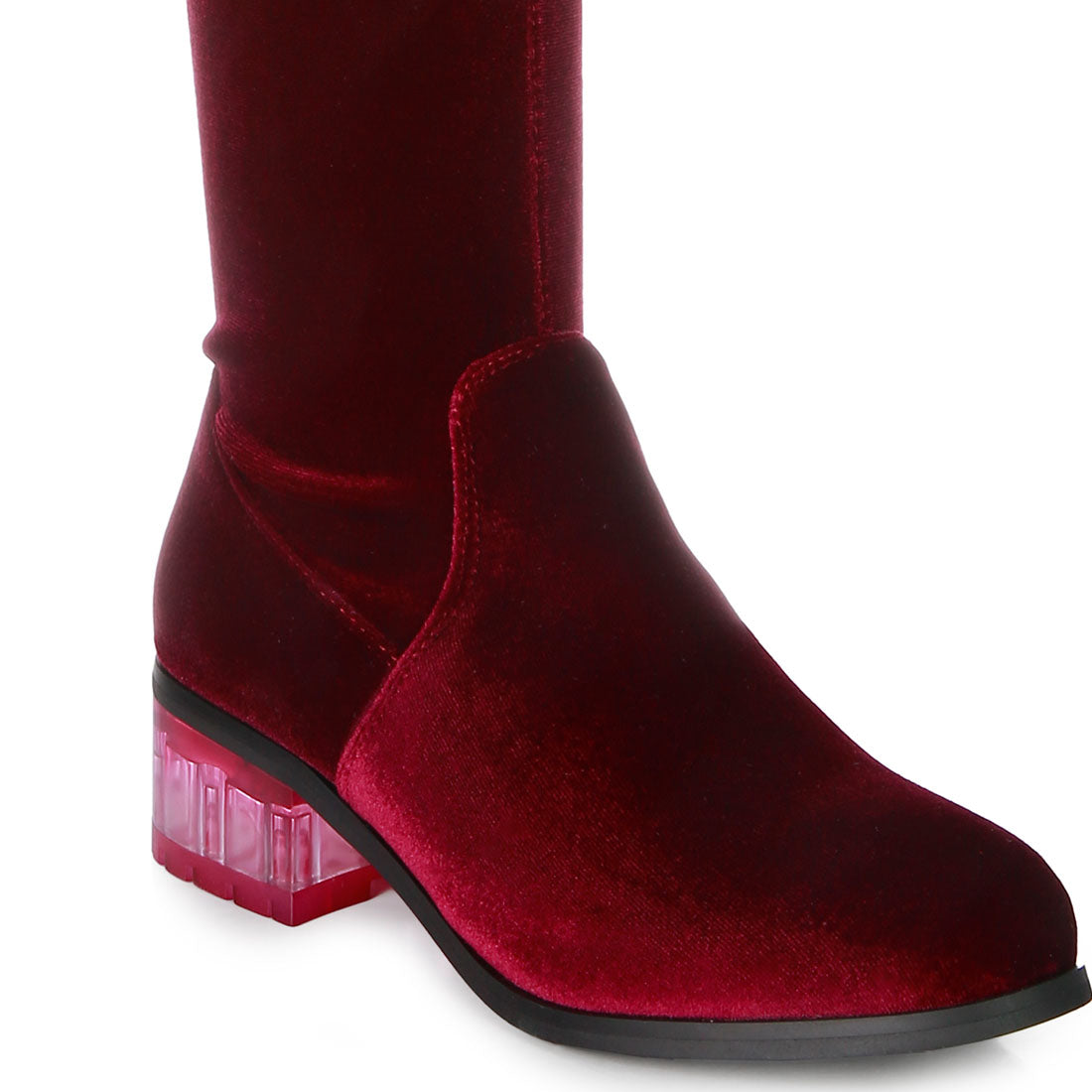 rumple velvet over the knee clear heel boots#color_blurgundy